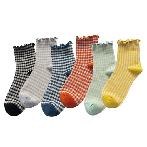 Image of 6 Pairs Women Ruffle Striped Socks for Women,Cute Vintage Frilly Ankle Socks