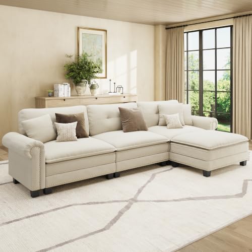 Image of HERA'S HOUSE 116 inch Oversized L Shaped Modular Sectional Couch Living Room | Mid-Century Modern 4-Seater Cloud Sofa, White, Rolled Arms & Nailhead Trim, Wider Deeper Seats, Ottoman, Chenille