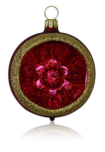 Lauschaer Glas Christbaumkugeln mit Einstich dunkelrot matt mit Dekor 4 Stück d 6cm Christbaumschmuck Weihnachtsbaumschmuck mundgeblasen, handdekoriert