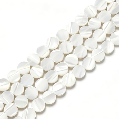 Image of HAAMIIQII Natural White Mother of Pearl Shell Beads 8mm Coin Shape Semi Precious Stone Loose Gemstone Beads for Jewelry Making Strand 15 Inch (45-47pcs)