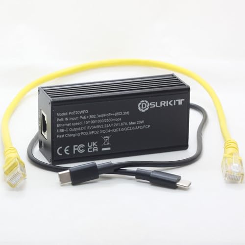 DSLRKIT 2.5Gbps PoE Splitter & Passthrough Adapter to USB Type-c 20W PD3.0 PPS QC 4+/3.0 802.3at