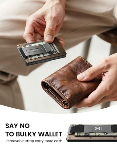 Image of Lamicall Minimalist Metal Wallet for Men - [Mechanical Hinges] | [15-20 Cards] Capacity Slim Wallets, Credit Card Holder, Money Clip & Cash Strap, RFID, Gifts for Men Dad, Metal Wooden Brown