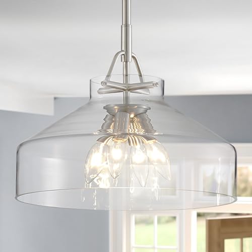 Image of WUZUPS Chandelier Rustic Farmhouse Industrial Round Ceiling Pendant LED Light Fixture with Clear Glass Shades for Dining Room Kitchen Island Foyer Entryway, H 11.8 inch W 15 inch, E26 Base, Gold