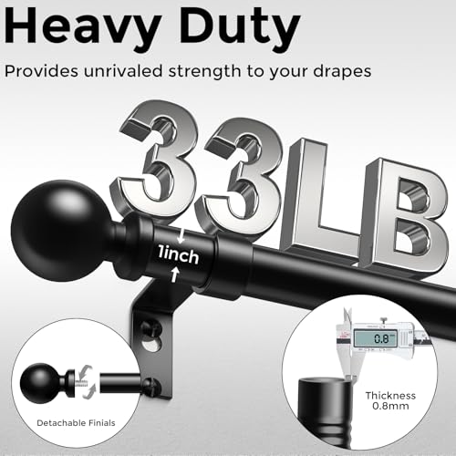 Black Curtain Rods for Windows 30 to 56 Inch, Adjustable Heavy Duty 1" Diameter Decorative Curtain Rod with Matte Black Round Finials, Modern Easy Install Extendable Metal Drapery Pole Set