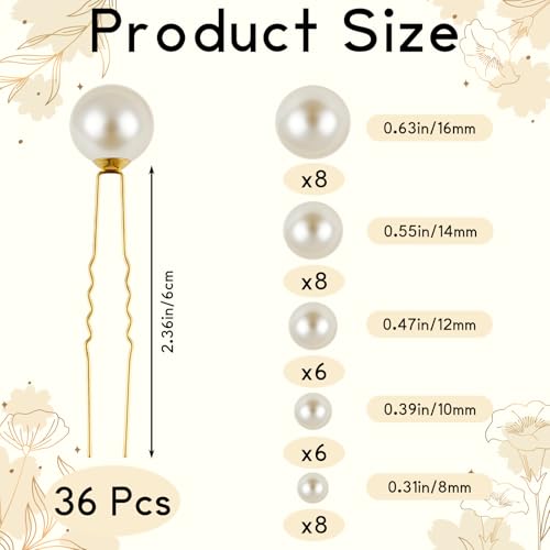 NEBURORA Haarnadeln mit Perlen für Hochzeiten, U-Form, Perlen-Haarschmuck für Bräute, Brautjungfern und Frauen, Gold, 36 Stück