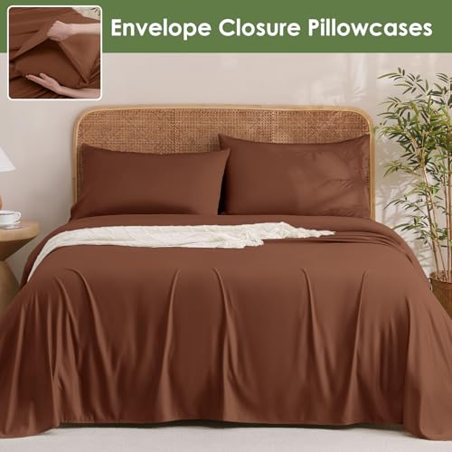 Image of MICORAL Queen Sheet Set, Rayon Derived from Bamboo Cooling Sheets for Queen Size Bed Set, Breathable & Soft, Deep Pocket Up to 16 inch, Hotel Luxury Silky Bedding for Hot Sleepers, Brown