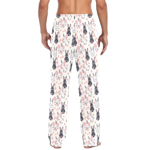 Men's Pink Bunny Pattern Pajama Pants with Pockets - Straight Fit Cotton Sleep Bottoms for Lounge & Nightwear#8503