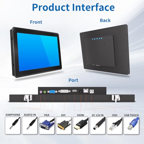 Image of 15 Inch Industrial Touch Screen Monitor, 10 Points Touch, Ratio 4:3 Capacitive PCAP Display, 1024 x 768R, Active Matrix TFT LCD, LED Backlight, VGA, DVI, HD-MI Ports