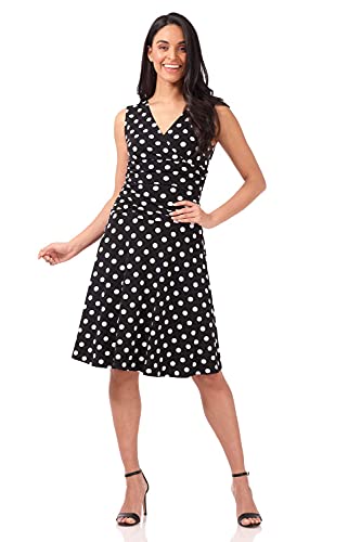 Rekucci Women s Slimming Sleeveless Fit-and-Flare Tummy Control Dress (16, Black White Dots)