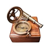 Maritime Treasures Vintage Brass Pocket Compass with Mini Telescope and Wooden Box – Antique Style Navigation Compass with Chain for Hiking, Camping, Outdoor Adventure, Nautical Decor