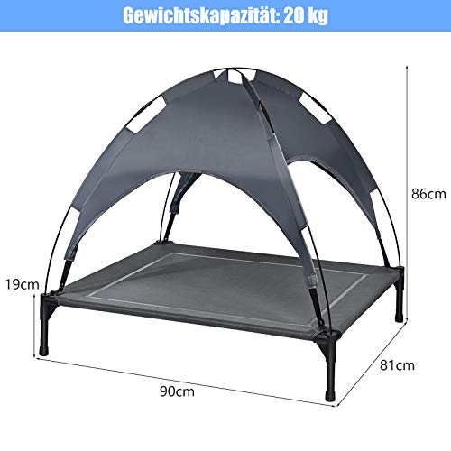 GOPLUS Hundeliege mit Dach, Erhöhtes Hundebett, Haustierbett mit Eisenrahmen, Wasserdichtes Hundesofa, Katzenbett mit Sonnensegel, rutschfeste Fußpolster, für Indoor & Outdoor (90x81x86cm)