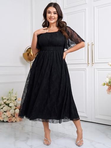 Women's Plus Size Wedding Guest Dress Lace Square Neck Short Sleeve Flowy A Line Formal Maxi Dresses3