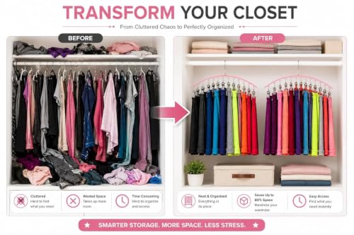 Image of Vastra Leggings Organizer for Closet, Metal Pants Hanger with 10 Rubber Coated Clips, Space Saving Wardrobe Organizer for Leggings, Jeans, Scarves, Dupattas, Towels & Baby Clothes (4, Pink)