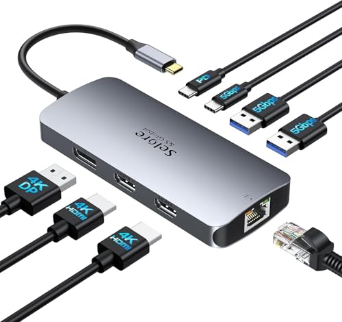 Selore USB C Docking Station Dual Monitor, 8-in-1 USB C Hub Multiport Adapter Docking Station 3 Monitors with 100W PD, HDMI 4K@60Hz, DisplayPort, 1 Gbps Ethernet, USB 3.0 Ports for Mac Dell HP Lenovo