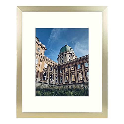 Frametory, 16x20 Metal Picture Frame Collection, Aluminum Photo Frame with Ivory Color Mat for 11x14 Picture or Without Mat & Real Glass (Gold)