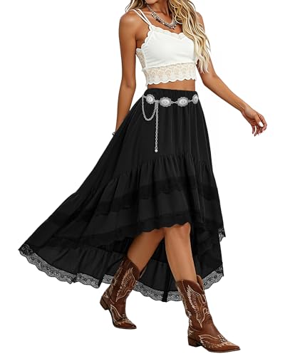 XZQTIVE Women Western Boho High Waist Lace Fringe Asymmetrical Cowgirl Midi Skirt Country Concert Outfits for Women Black