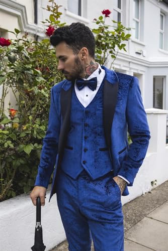 Men's Suit 3 Piece Blue Velvet Paisley Shawl Collar Tailored Fit Wedding Tuxedo2