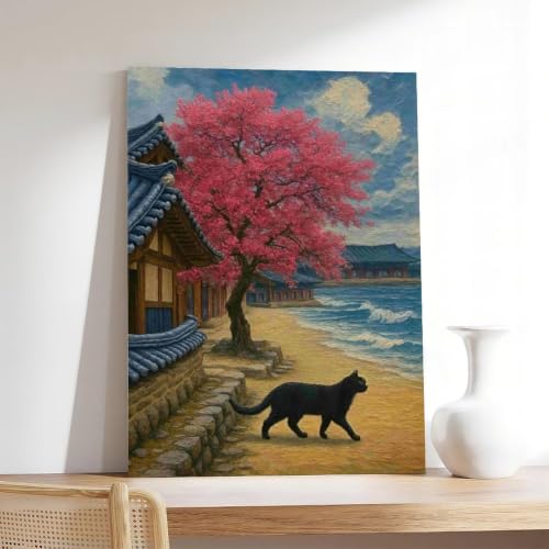 Toile chat fleurs de cerisier Hanok impression d'art premium