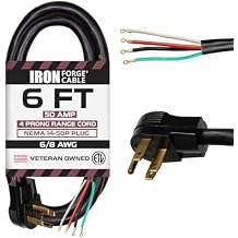Iron Forge Cable 4 Prong Black Range Power Cord 6 ft - 50 Amp RV Extension Cord - Heavy Duty 6/8 AWG - NEMA 14-50P Flat Plug 4 Wire EV Cord