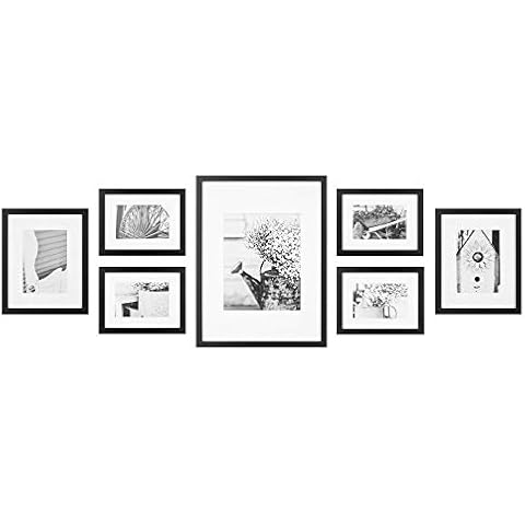 Gallery Perfect - 7-Piece Black Wall Frame Set - Kit with Decorative Art Prints - Hanging Template - Easy Installation Frame - Multi-Size Frames - Rectangular Wall Mount - Single Picture Frame Cover