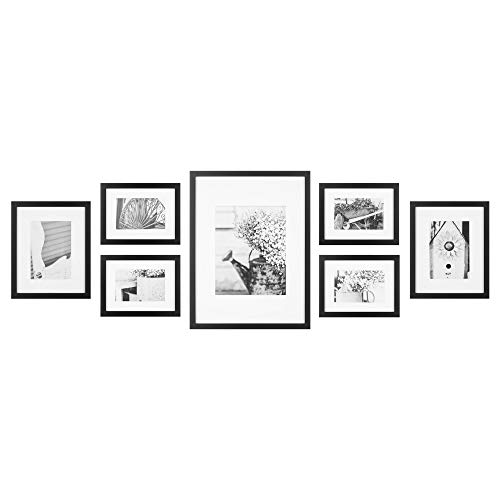 Gallery Perfect Multi-Size Picture Frame Set 7 Pack, Black Gallery Wall Frames with Hanging Hardware, Clear Glass - One 12x16, Two 8x10, Four 6x8 Matted Photo Frames for Wall Display by Pinnacle - Used condition - US$46.79