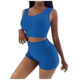 Dhyuen Damen Sexy Kurze Yoga Anzug für Fitness Sport Freizeit High Waist Bauchkontrolle Workout Yoga Hosen Aktive Karierte Jogginghose Zweiteiliges Set Weste (Blue, L)