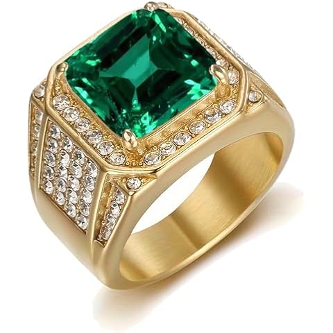 NFYBD 10K 14K 18K Solid Gold Men's 1CT Emerald Rings Men's Vintage Signet Ring with Emerald Yellow Gold Luxury Jewelry Statement Engagement Anniversary Ring for Him Men's Size 4-16 Cover