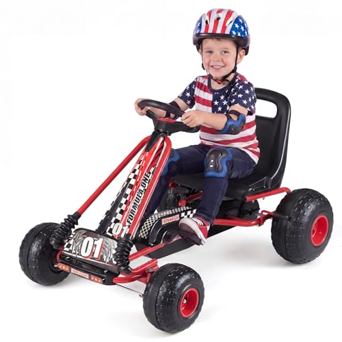 GLACER Kids Pedal Go Kart, 4 Wheel Pedal Powered Ride On Car w/Adjustable Seat, Hand Brake & Clutch, Off-Road Racer Toy for Boys & Girls Ages 3-8 (Red)