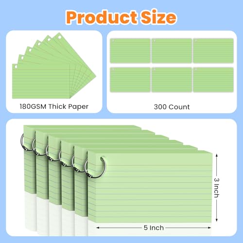 300 Count Green Index Cards 3x5 Inch with Ring, Heavy Weight Flash Cards, Note Taking Supplies, Portable Note Cards, Study Flashcards for Students & Teachers, Office Home School Study Supplies - Image 2
