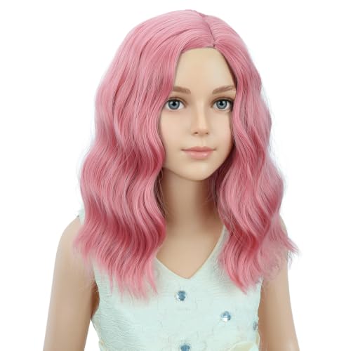 Image of PATTNIUM Pink Wig for Kids Girls Short Curly Wavy Wigs Side Part Shoulder Length Heat Resistant Synthetic Wig Halloween Cosplay Costume Party Daily Wigs