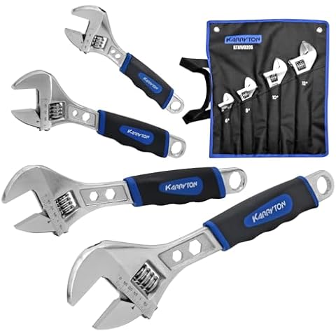 KARRYTON Adjustable Wrench Set (6" 8" 10" 12"), 3-in-1 Spanner Wrench w/Box End/Hex Function, Scales Metric and SAE, Drop Forged CR-V Steel, Chrome Plated, Ergonomic Soft Grip, Hanging/Rolling Bag Cover