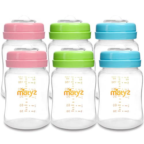 Image of Matyz 6-PACK Breast Milk Storage Bottles (6oz, 3 Colors) - Wide Neck Breastmilk Collection and Storage Bottle - Formula Storage Bottles Compatible With Medela Avent Spectra Pumps