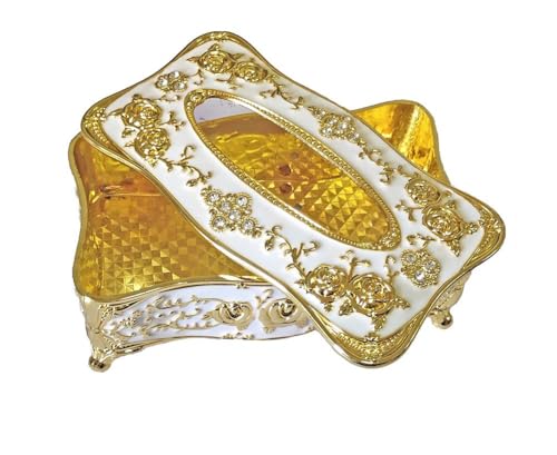Image of Napkin Holder for Dining Table - Tabletop Napkin Dispenser, Tissue Paper Container for Kitchen, Home, Office, Restaurant (White, Gold)