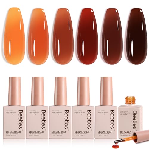 Beetles Jelly Tortoise Nail Gel Polish Set| 6 Transparent Summer Colors Brown Amber Orange Caramel Dark Red Pumpkin Sheer Gel Nail Polish|Soak Off UV LED Nail Art DIY Salon at Home Tortoiseshell Jelly
