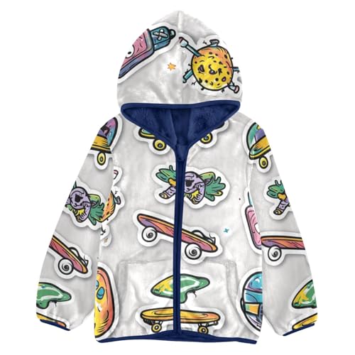 Retro Skateboarding Badges Girls Fleece Jacket Girls Fall Jacket Girls Zip Up Hoodie Girls Sherpa Jacket 2-10T