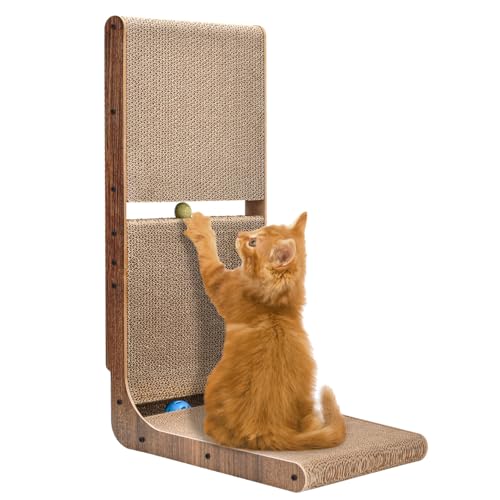 LIFLIX Kratzpappe für Katzen, 69 cm L-förmige Kratzbrett, Katzenkratzbrett Mit Ballspielzeug, Kratzmöbel Aus Hochwertiger Karton