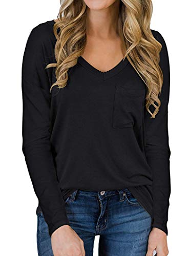 Tobrief Women's Casual Long Sleeve V Neck Patch Pocket Blouse Loose Top Tshirt (L, Black-1)