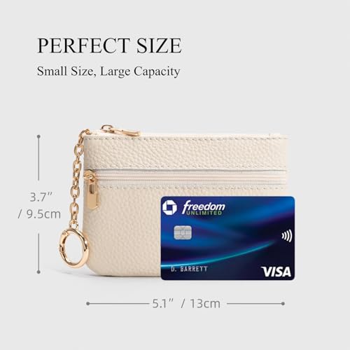 Full Grain Leather Coin Purse with Keychain - 2 Zippered Pockets Mini Coin Pouch Card Holder Keychain Pouch Keychain Wallet - Small Change Purse for Women and Men (Off White)3