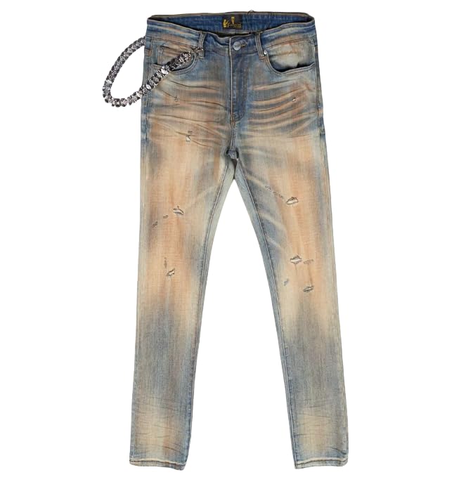Casual Street-Style Men's Straight-Leg, Mid-Rise Denim Pants with Tie-dye and Hole Designs at The Cuffs