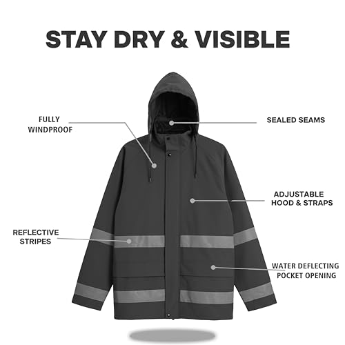 Image of Men's PRO Hi-Vis Waterproof Workwear Rain Jacket & Bib Pants with Hood, 3-Piece Safety Durable Functional Nylon Oxford Shell