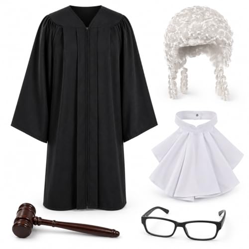 Stadget 5Pcs Halloween Judge Costume Adult Accessories Black Judicial Robe Wig Collar Bands Gavel Glasses Courtroom Cosplay Outfit (5PCS)