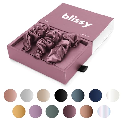 Image of Blissy Silk Scrunchies (3 Pack) - 100% Pure Mulberry Silk - 22 Momme 6A High-Grade Fibers Scrunchie for Straight & Curly Hair - Preventing Breakage, Tangling, & Creasing (Plum Regular)