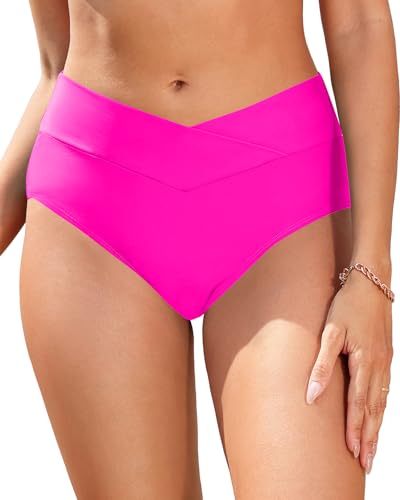 Image of Women V Cut Full Coverage Bikini Bottom - High Waist Swim Bathing Suit Bottoms Cross V Front Swimsuit