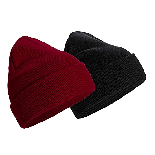 SAFERIN 2 Packs Womens Knit Beanie Hat Winter Hats for Men Women Warm Unisex Ski Cuffed Beanie Hats (Black+Burgundy)