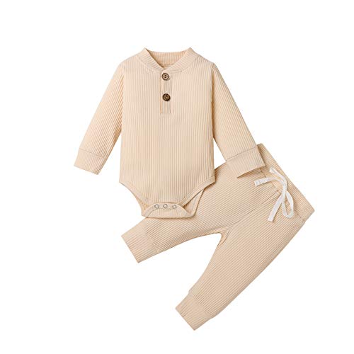 Neugeborene Unisex 2 Stück Baby Kleidung Junge Mädchen Solid Button Bodysuit Strampler Langarm Tops Kordelzug Hosen Strick Outfit (Aprikose, 12-18 Monate) Cover