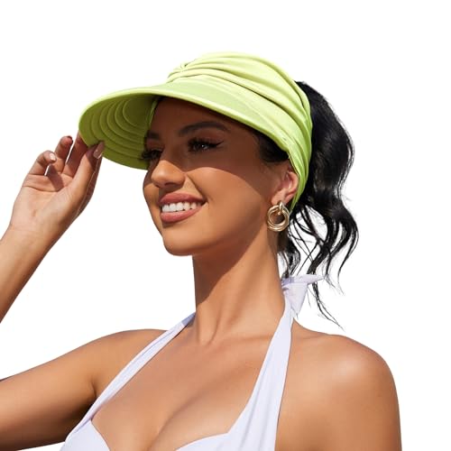 Womens Sun Visor Hat Wide Brim Summer Sun Hats UPF 50+ UV Protection Beach Hats Foldable Golf Visor for Women Neon Yellow
