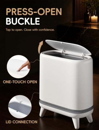 Image of Small Bathroom Trash Can with Lid, Dog Proof Slim Press Top Garbage Can, White Plastic Narrow Waste Basket, for Bathroom Bedroom Office Raised Legs 4.8 Gal with 5 Roll 75 Trash Bags