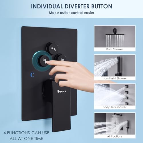Image of Shower System with Body Jets, Oupukle Black Shower Jets System with Push Button Diverter, Wall Mounted 10 inch Rain Shower Head with 4PCS Body Jets and Handheld Shower Faucet Sets Complete, Rough-in Valve