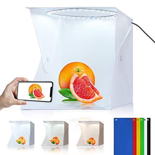 Yesker Mini Light Box 22cm with Ring Light Panel 80 LED Bead 3200-6500K White Warm Soft Color Brightness Dimmable 6 Background Portable Photo Booth Tent for Photography Shooting Small Item Display