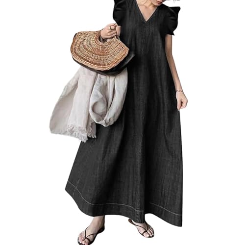 utcoco Womens Long Denim Dress Casual Loose Fit Ruffle Sleeveless V-Neck  Jean Maxi Dresses for Women 2026 (Small, Black) at Amazon Women's Clothing  store